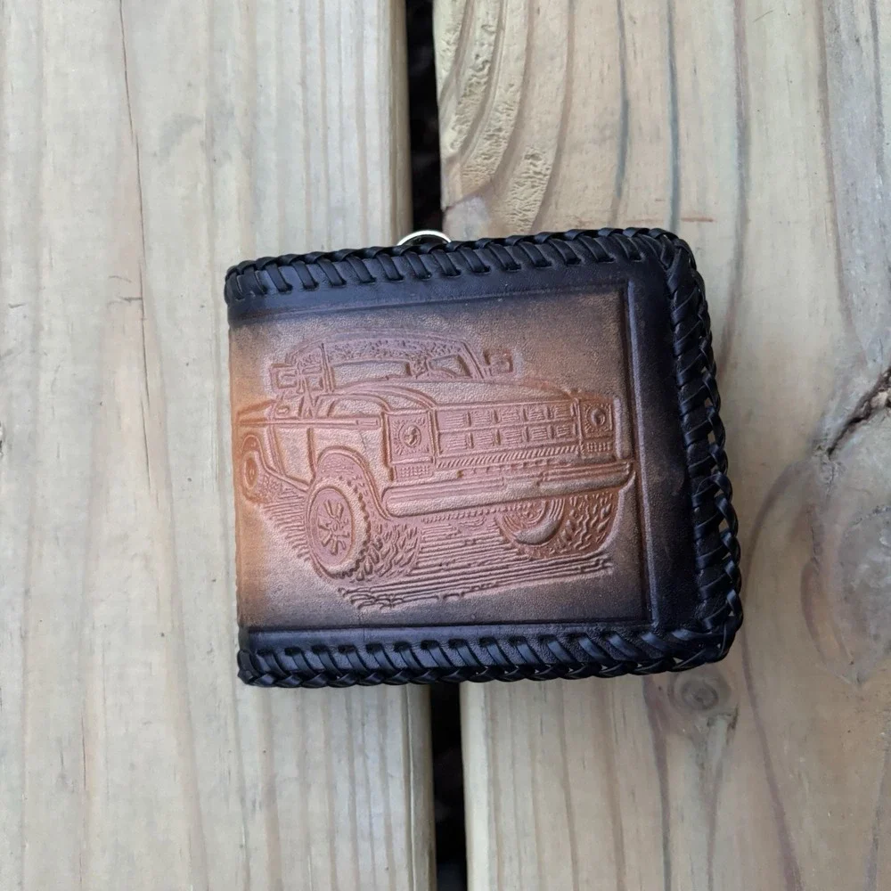4WD Truck Leather Wallet USA Scene Handmade Whipstitch Bi Fold USA Made New